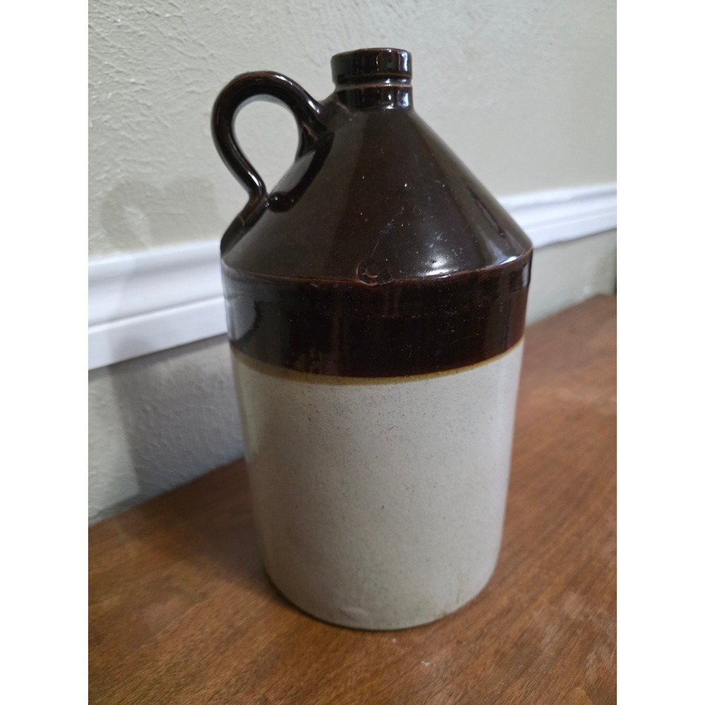 Antique Stoneware Jug Crock 1 Gallon Brown Glaze Handle Vintage‎ Farmhouse Decor
